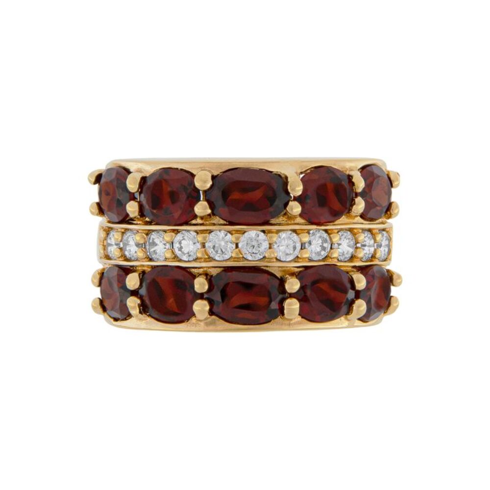 Genuine Garnet and Cubic Zirconia Three Row Wide Band Statement Ring, Size 10